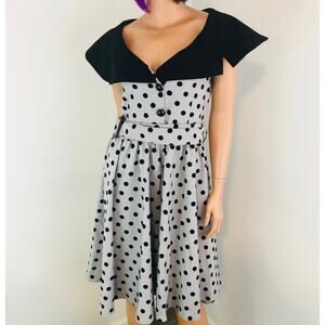 Collectif Judy Dress Polka Dot Fit and Flare Pin Up Girl Rockabilly Dress, Gray